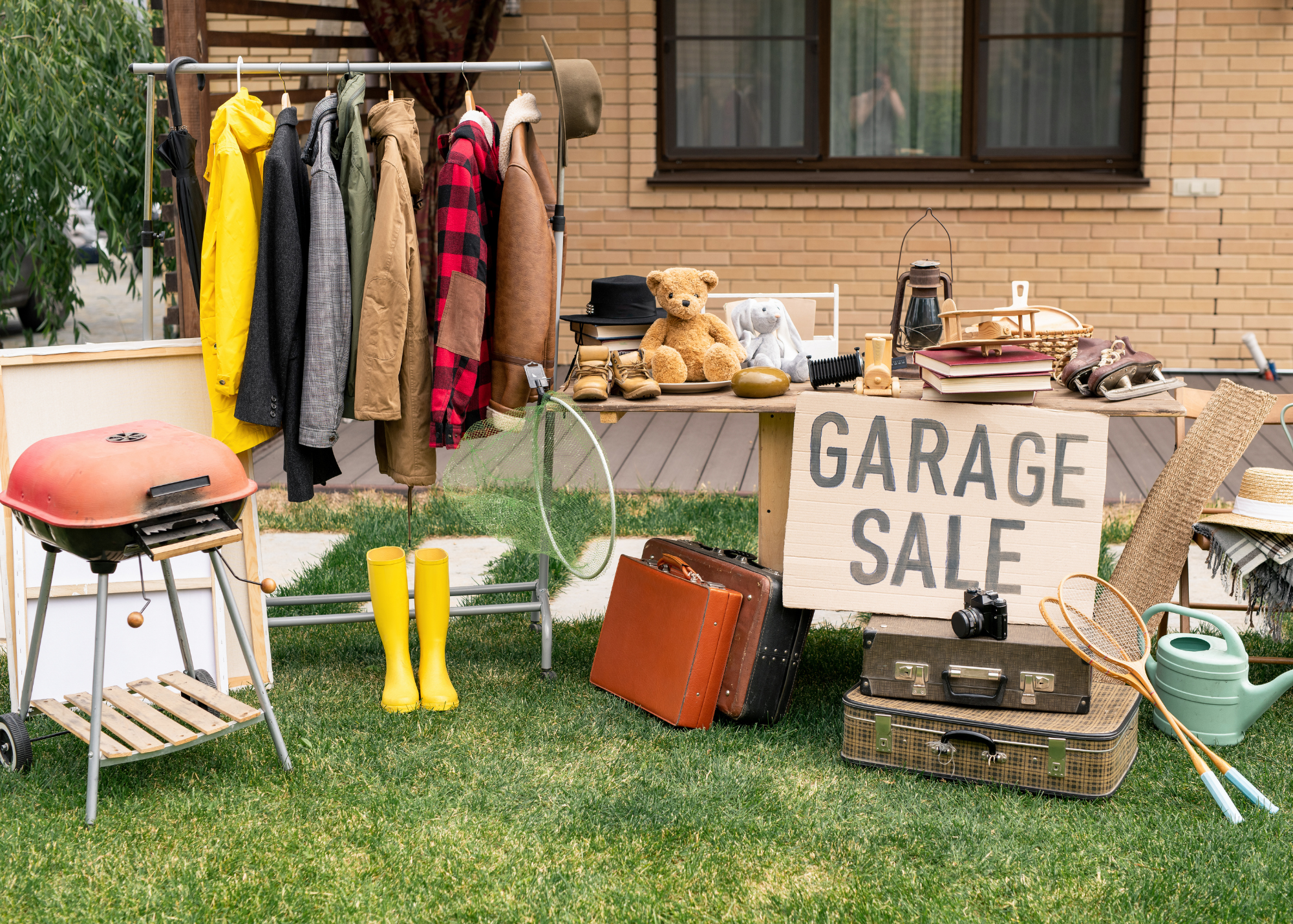 Items for sale in a yard with a sign that says Garage Sale.