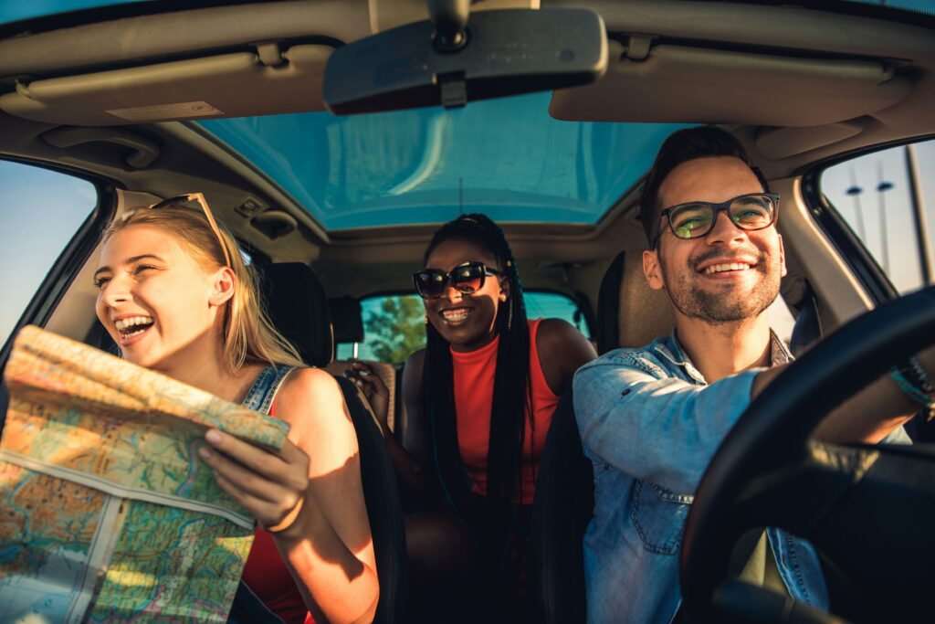 Friends on a road trip having fun.