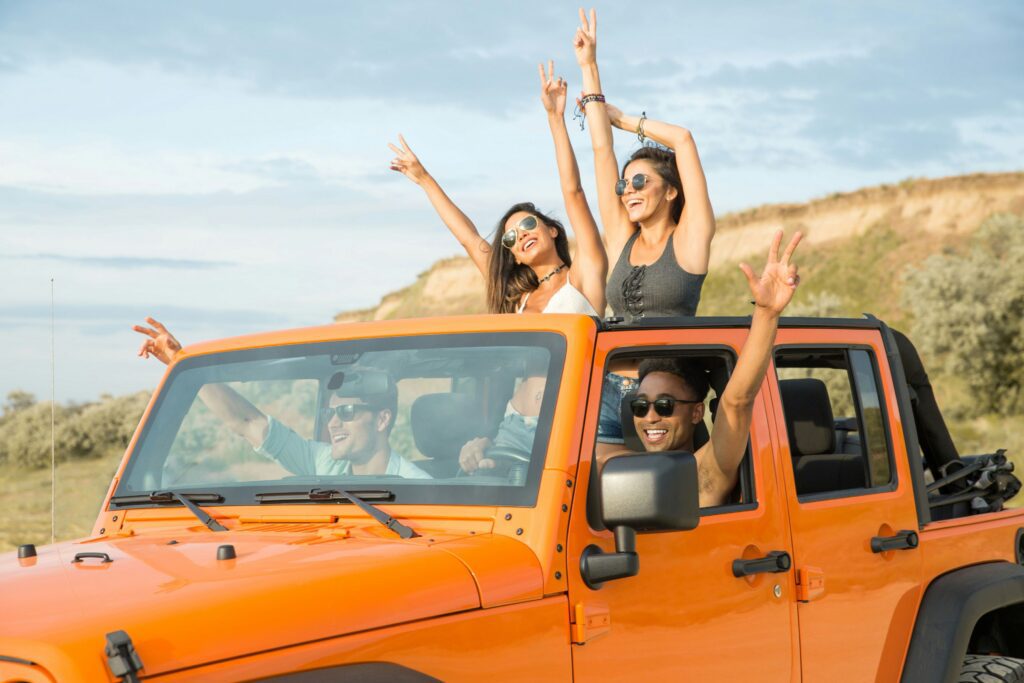 Friends having fun on a road trip.